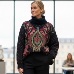 VINTAGE Jeanne Pierre Black Wool Blend Jacquard Turtleneck Sweater Size M